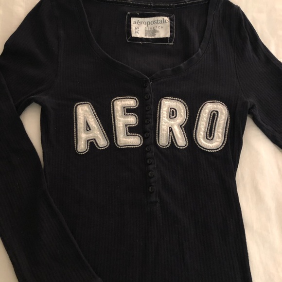 AERO Aeropostale Stretch Navy Ribbed Tee - Picture 3 of 4